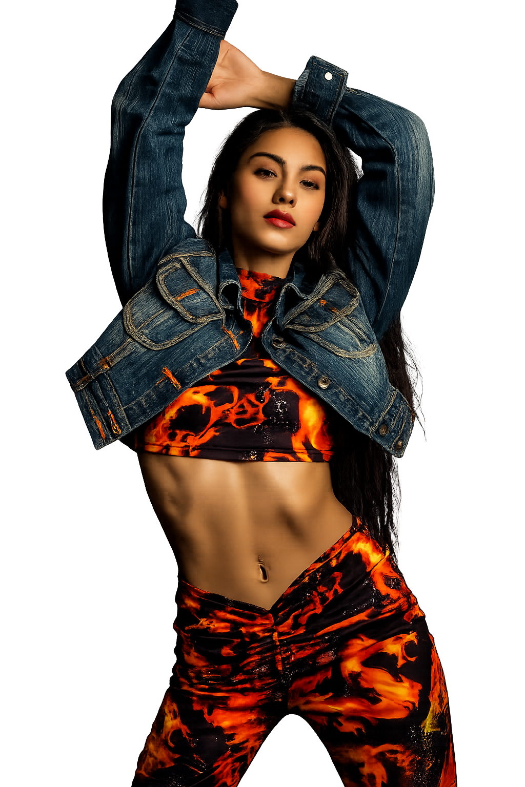 Model in denim jacket and orange patterned outfit posing against a neutral studio background